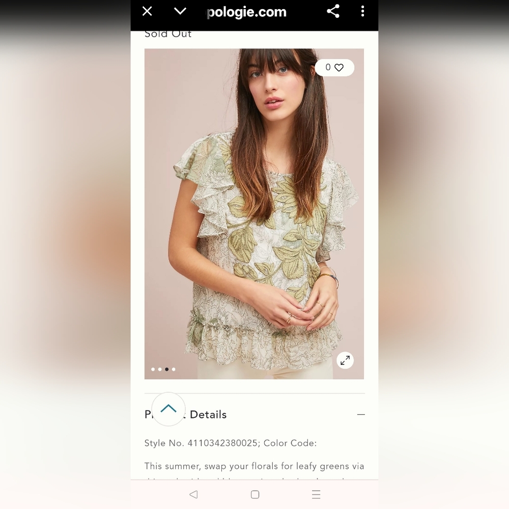 Ranna Gill Anthropologie Floral Ruffle Top Blouse Green Crm XS Extra Small